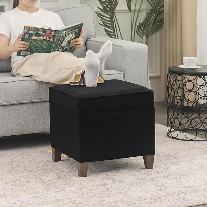 Adeco 17.5" Square Fabric Ottoman with Storage - Upholstered Cotton Linen Foot Rest - Flip Top Footstool with Sturdy Wood Legs, Small Cube Coffee Table Extra Seat for Living Room, Bedroom, Black-CasaMuseHome