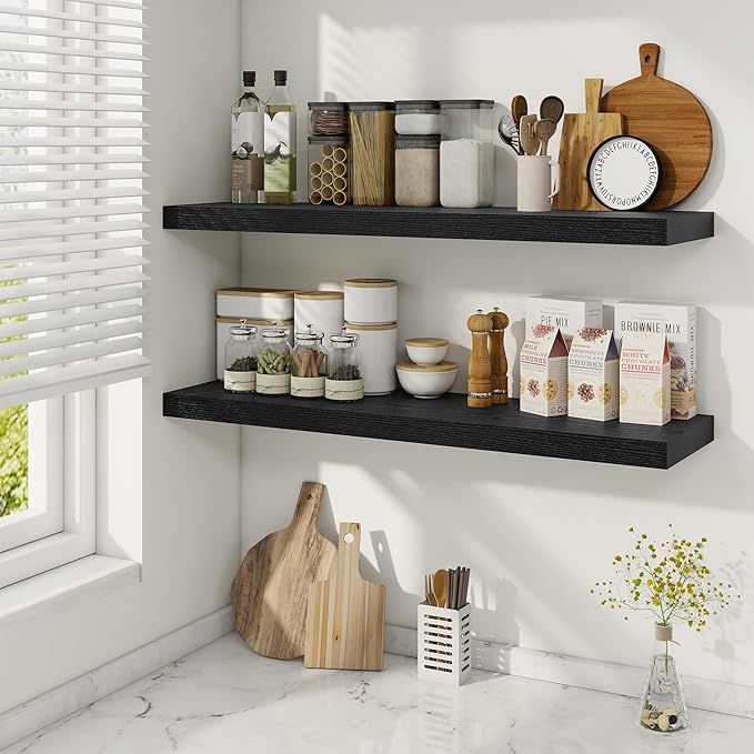 36 Inch Floating Shelves, 9.3 Inch Deep Rustic Wall Shelves - Extra Deeper Wall Mounted Storage Shelves for Bathroom, Kitchen, Living Room (Black, Set of 2)-CasaMuseHome