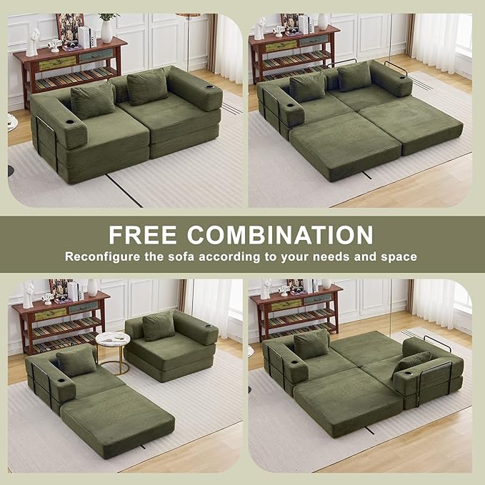 78" W Loveseat Sofa, 4 in 1 Convertible Floor Sofa Bed, Boneless Cloud Couch with Cup Holder, Fold Out Floor Couch, Loveseat Recliner Sleeper for Living Room Bedroom Lounge(Corduroy, White)-CasaMuseHome