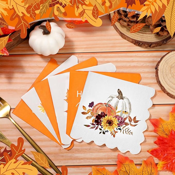 150 Pcs 5 x 5 Inches Fall Thanksgiving Paper Napkins Autumn Pumpkin Scalloped Cocktail Napkins for Decoupage Disposable Autumn Harvest Party Supply Bathroom Table Dessert Dinner Wedding Decor-CasaMuseHome