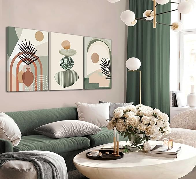 3 Pcs Mid Century Modern Boho Abstract Canvas Wall Art Neutral Green Bohemia Sun and Plant Pictures Wall Decor Posters Print Artwork for Living Room Bedroom Bathroom Office Home Decoration-CasaMuseHome