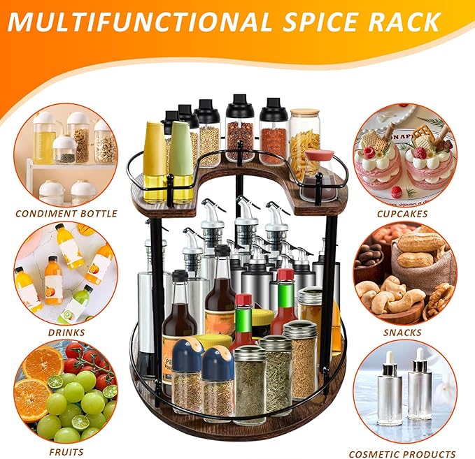 2-Tier Lazy Susan Organizer, Rotating Spice Rack with Stable Carousel Base & 4 Height Settings, Spice Rack Organizer for Cupboard Kitchen Countertop Dining Table-CasaMuseHome