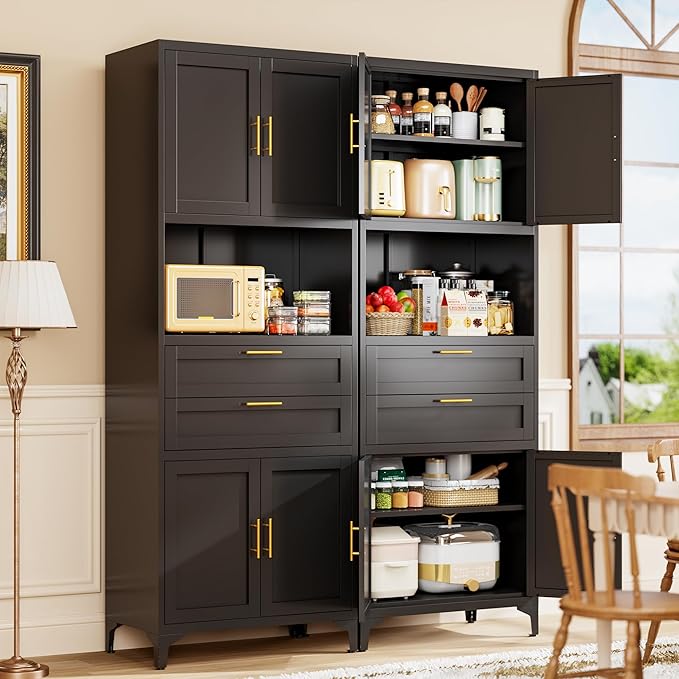 75” Tall Kitchen Pantry Storage Cabinet, Metal Storage Cabinet with 2 Drawers and Adjustable Shelves, Kitchen Pantry Cupboard, Freestanding Cupboard for Bathroom, Living Room(Black)-CasaMuseHome