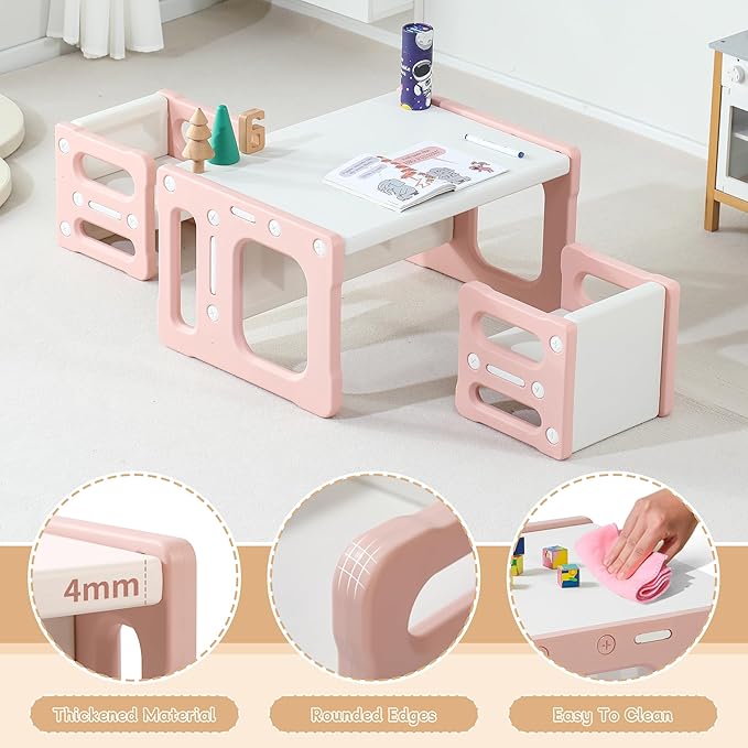 3 in 1 Montessori Weaning Table and 2 Chairs Set, Kids Desk and Chair Set, 2 Height Levels, Toddlers Activity Table for Drawing, Dining, Reading and Playing, Pink-CasaMuseHome