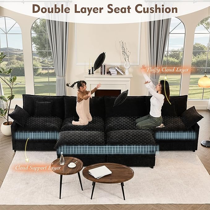 142.5" U Shaped Couch, Modular Sectional Sofa, 3-Seater Comfy Cloud Couch with Movable Ottoman, Deep Seat Couches for Living Room, Chenille, Black-CasaMuseHome