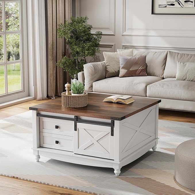 31.5" Lift Top Coffee Table with Storage, Farmhouse Coffee Tables for Living Room, Square Coffee Table with Large Hidden Storage Compartment, 2 Drawers & Removable Shelves, White-CasaMuseHome