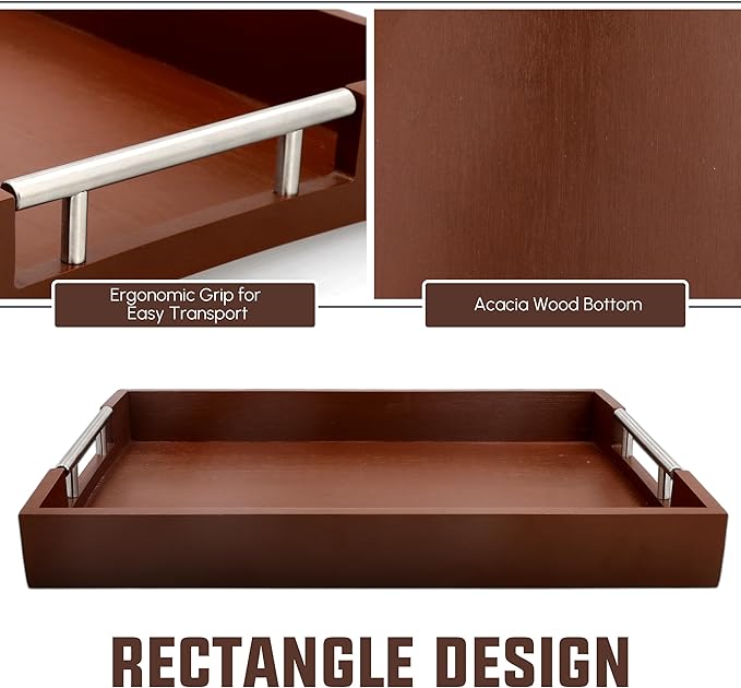 Acacia Wood Serving Tray with Handles - 17" x 13" Rectangular, Decorative Ottoman Tray for Living Room, Coffee Table, Breakfast in Bed, Candle Display-CasaMuseHome