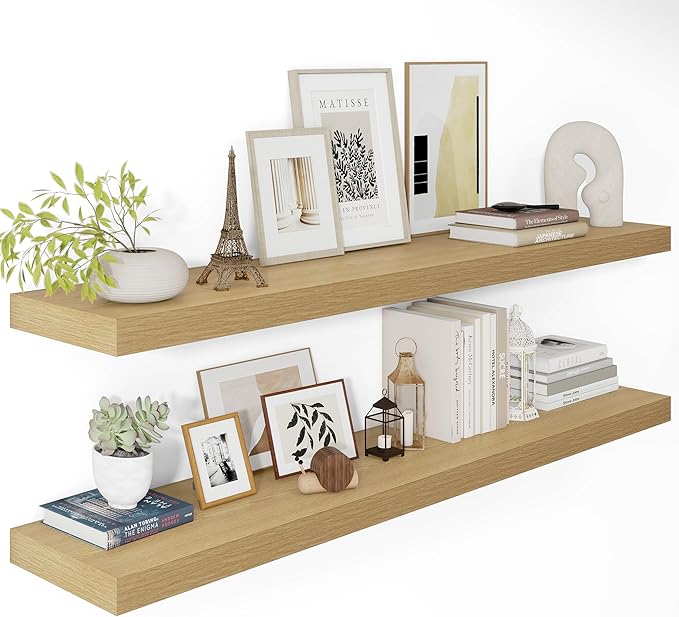 12 Inch Deep Floating Shelves 48 inch Long, 48 x 12 Wide Wall Shelves with Invisible Brackets, Heavy Duty Shelf for Bedroom Bathroom Living Room Kitchen Office Home Decor, Modern Shelf Set of 2, Oak-CasaMuseHome