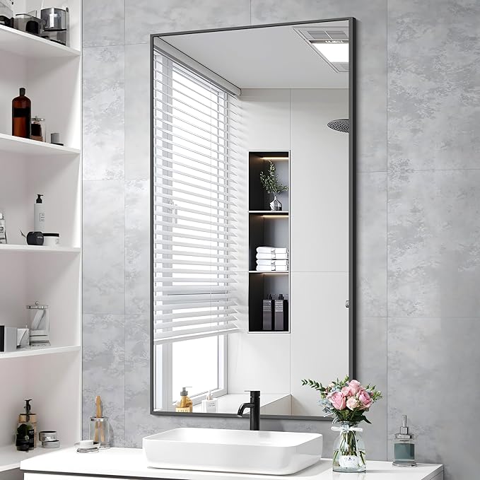 48x24In Black Bathroom Mirror for Wall, Rectangle Mirrors with Metal Frame, Bathroom Rectangular Mirror Modern Wall Mirror for Bedroom Living Room, Entryway Hangs Horizontal or Vertical-CasaMuseHome