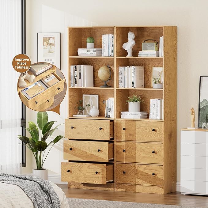 71" Tall Bookshelves Set of 2, Bookcases with Drawers, Bookshelves with Storage, Wooden Bookshelf with 3 Drawers & 3-Tier Open Shelves,Home Decor Furniture for Living Room,Bedroom,Home,Natural-CasaMuseHome