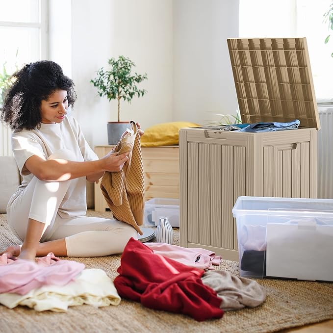 28 Gallon Deck Box Large Outdoor Storage for Patio Furniture,Outdoor Cushions,Garden Tools and Pool Supplies,Waterproof,Resin,Lockable(Grey)-CasaMuseHome