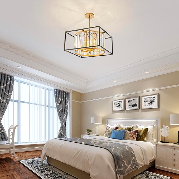 5-Lights K9 Crystal Chandelier, Modern Style Pendant Light Fixture for Dining Room, Bedroom & Living Room, Gold & Black Finish, L16.5 * W16.5 * H12~48 inch (Adjustable Height)-CasaMuseHome