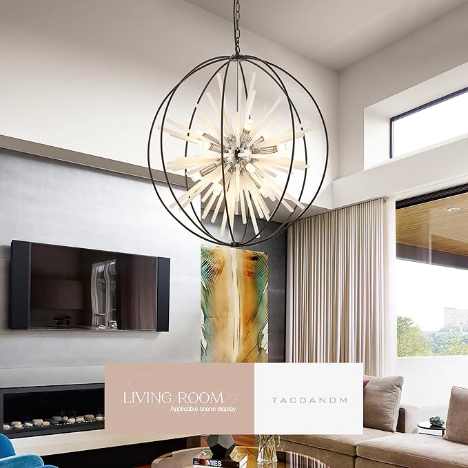 31.5" Black Chrome 16-Light Globe Sputnik Chandelier Modern Adjustable Hanging Ceiling Glass Tube Pendant Light Fixture for Entryway Foyer Stairway Dining Living Room Hallway-CasaMuseHome