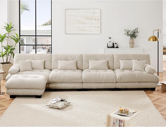 L Shaped Couch Sectional Couch, 4-Seater Cloud Couch Sectional Oversized Couch, Sofa Bed Couch with Round Bolster Armrests 6 Pillows, Modular Couch Home Sofa Living Room Couch-CasaMuseHome