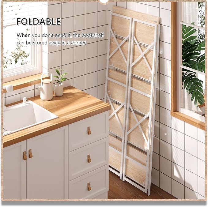 4NM 5 Tiers No Assembly Book Shelves, 51.2" H Folding Bookshelf Bookcase Open Industrial Foldable Shelves for Bedroom, Living Room, Home Office - Natural White-CasaMuseHome