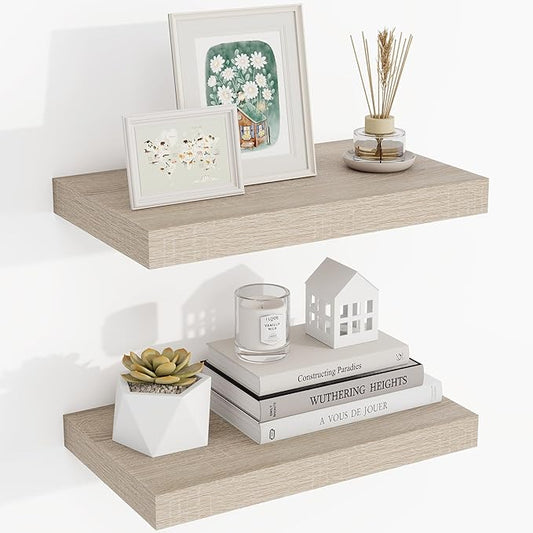 16 Inch Floating Shelves, 3D Textured Wood Grain, 16"x9.25"x1.5" Inch Deep Floating Shelves for Wall, Wooden Shelves for Bathroom, Bedroom, Living Room, Vintage White Oak-CasaMuseHome