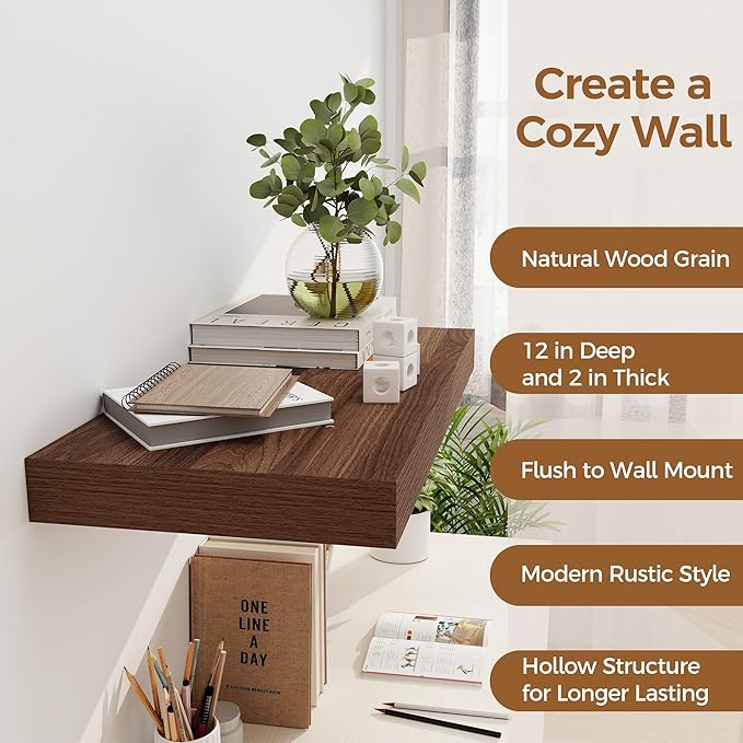 12 Inch Deep Floating Shelves, 24 x 12 Floating Shelf for Books, Rustic Wood Deep Wall Shelves for Home Storage & Display, 2" Thicked Shelves for Kitchen, Living Room, Bedroom, Walnut Color, 1 Pack-CasaMuseHome
