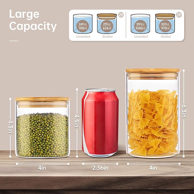 32oz & 21oz - 4 Pack Glass Jars with Bamboo Lids, Glass Pantry Storage Containers with Airtight Lids, Round Air Tigh Food Storage Canisters for Cereal, Pasta, Flour, Sugar, Best for Kitchen Organizer-CasaMuseHome