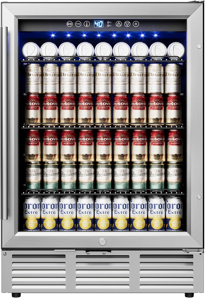 24 Inch Beverage Refrigerator, Beverage Cooler 180 Can Built-in Design, Under Counter Beer Fridge with Glass Door for Soda, Wine, Water - For Kitchen, Office or Bar-CasaMuseHome