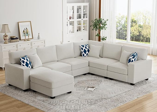 L Lengend Vansen Modular Sectional Sofa U Shaped Couch with Ottoman Modern Reversible Corner Sectional Couch for Living Room (Cream, U Shaped Sofa-2)-CasaMuseHome