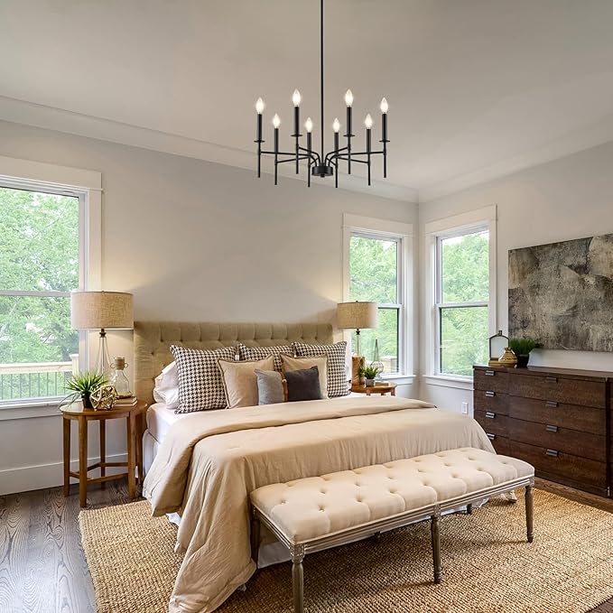 8 Light Black Chandelier Light Fixture, Modern Farmhouse Chandeliers for Dining Room Light Fixture, Metal Candle Pendant Chandelier for Foyer Entryway Stairs Living Room Bedroom Kitchen-CasaMuseHome