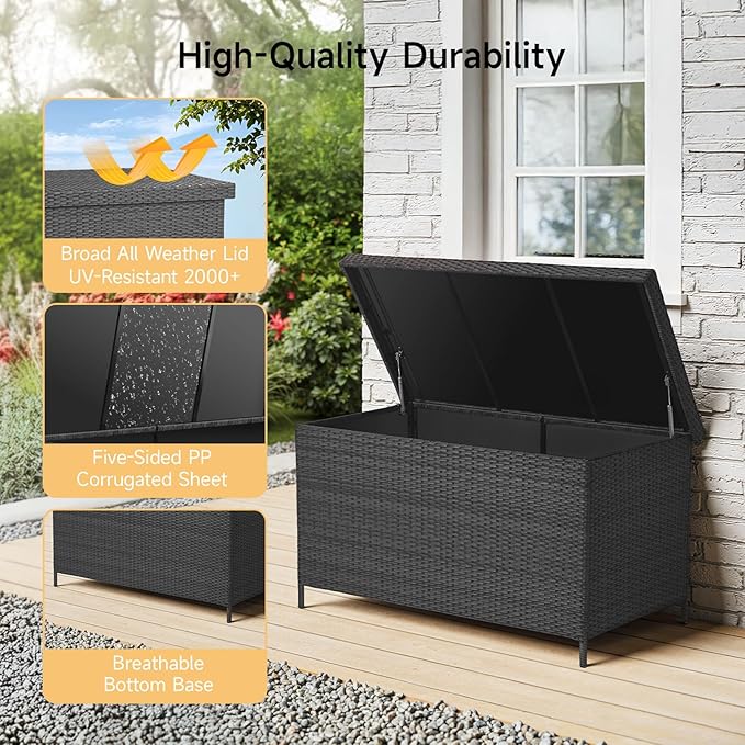 158 Gallon XL Deck Box with Lid, All Weather Wicker Outdoor Storage Box Waterproof, Large Outdoor Patio Storage Bin for Cushions, Garden Tools, Gears, Pool Accessories, Black-CasaMuseHome