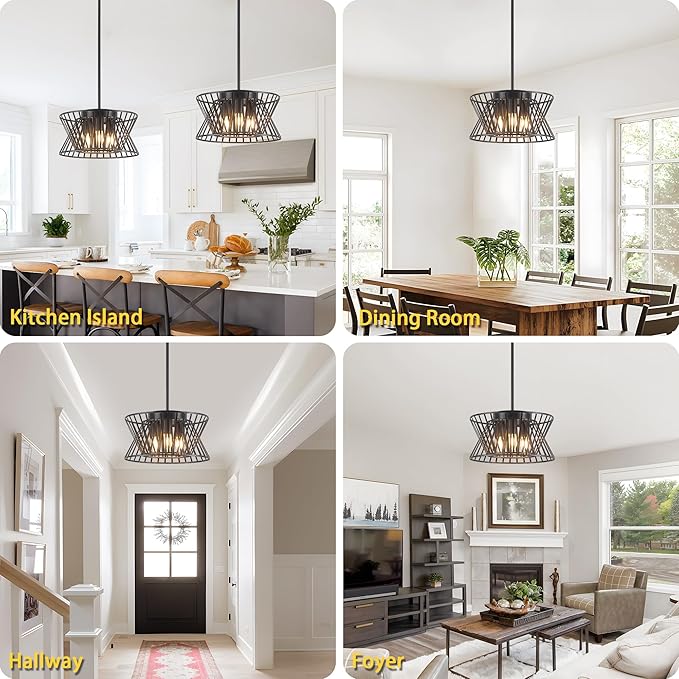 3-Lights Black Pendant Light Vintage Geometric Chandelier Light Fixture Adjustable Metal Lighting Fixtures for Kitchen Room Dining Room Foyer-CasaMuseHome