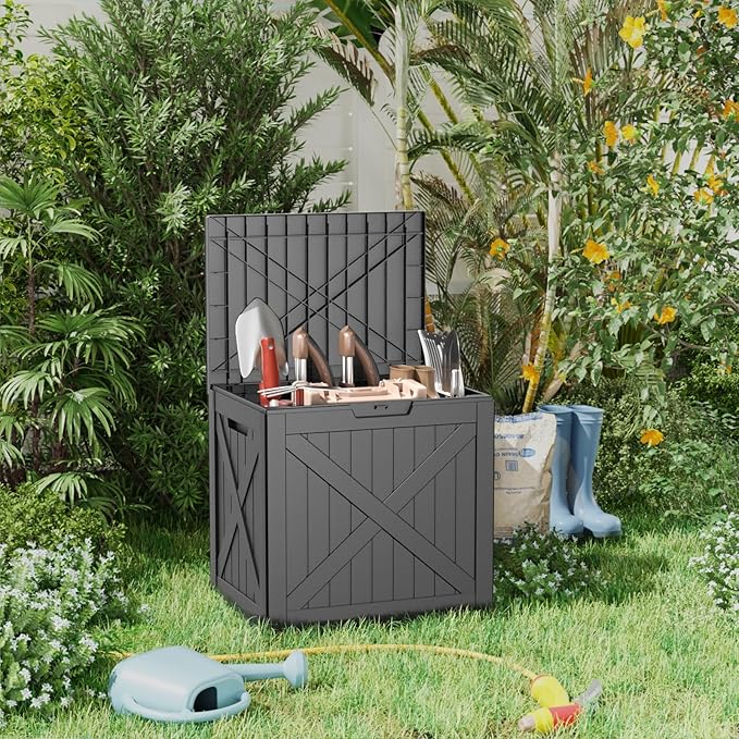 38 Gallon Outdoor Deck Box,Storage Lockable Waterproof Patio Furniture,Garden Tools,Cushions,Pool Accessories Outside Storage Resin Box(BlackX)-CasaMuseHome