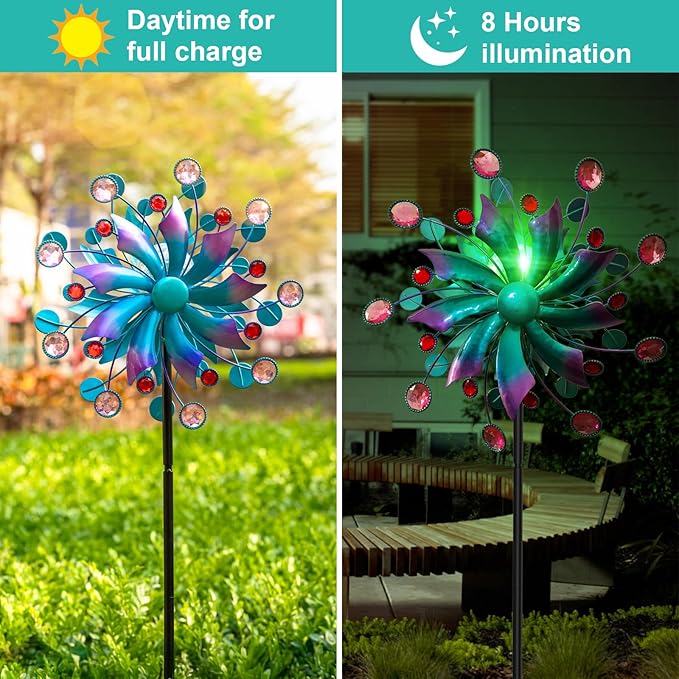 360°Solar Wind Spinner with Lights Blue Metal Garden Outdoor Decor Yard Lawn Art Decor for Patio Kinetic Windmills Unique Gifts for Friends and Family 60.63'' H x 13.38'' Dia-CasaMuseHome