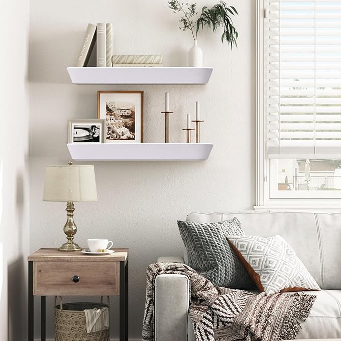 16"x6.8"x1.6" Slanted Floating Wall Shelves 2-Pack - Rustic White Finish, Heavy-Duty Solid Wood Design with Hidden Brackets - Perfect for Living Room, Kitchen, Bathroom, or Office-CasaMuseHome