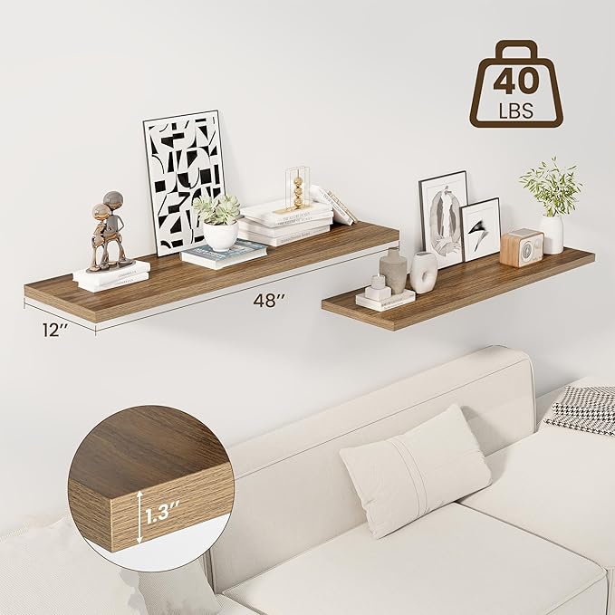 48" Floating Shelves for Wall, 12" Deep Slim Walnut Floating Shelves, Wall-Mounted Shelves for Bedroom, Living Room, Kitchen, Bathroom - Set of 2-CasaMuseHome