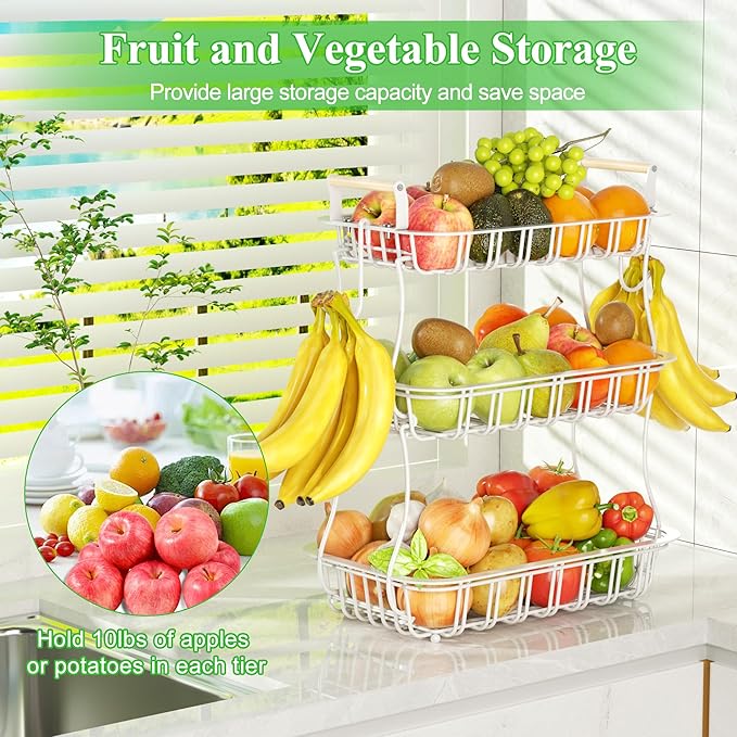3 Tier Fruit Basket with 2 Banana Hooks, Large Capacity Multifunctional Detachable Sturdy Fruit Bowl with Wooden Handle Mesh Top for Kitchen Counter, for Bread Snacks Vegetables Produce, White-CasaMuseHome