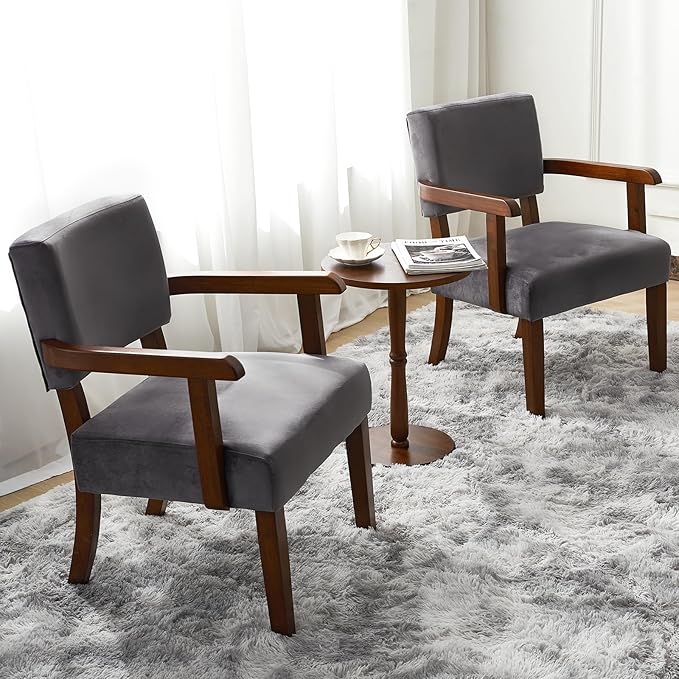 Accent Chair Set of 2 with Table, Living Room Chairs with VelvetSoft Seat and Armrests for Living Room Bedroom Reading Room Waiting Room (Greyvelvet)-CasaMuseHome