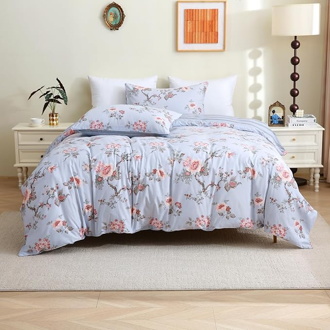 ABREEZE Floral Duvet Cover King Size Set Bird Flowers Bedding Set 100% Brushed Cotton Bedding Collection 1 Duvet Cover with 2 Pillowcases Grey-CasaMuseHome