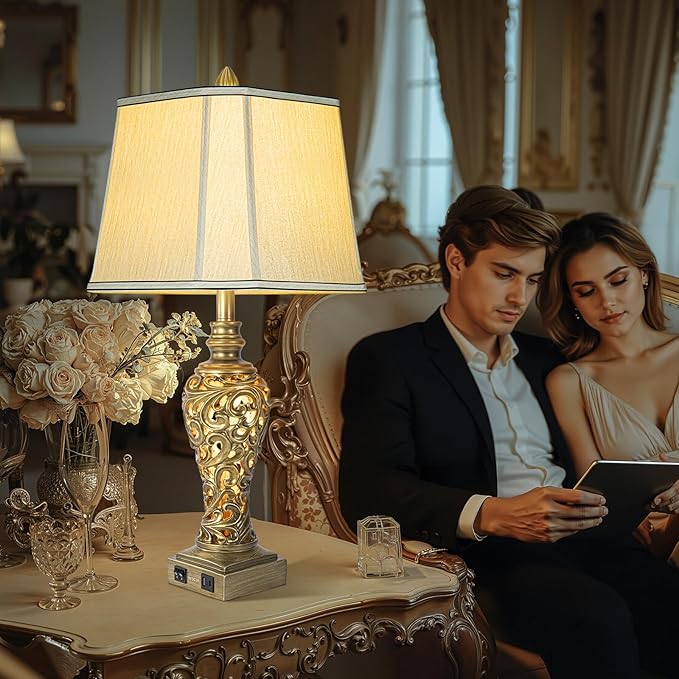 28.5'' Table Lamps Set of 2 for Living Room, Vintage Bedside Lamps with USB A+C Ports & Nightlight, Farmhouse Nightstand Lamps with Faux Silk Shade for Bedroom, Study Room, Office (LED Bulbs Included)-CasaMuseHome