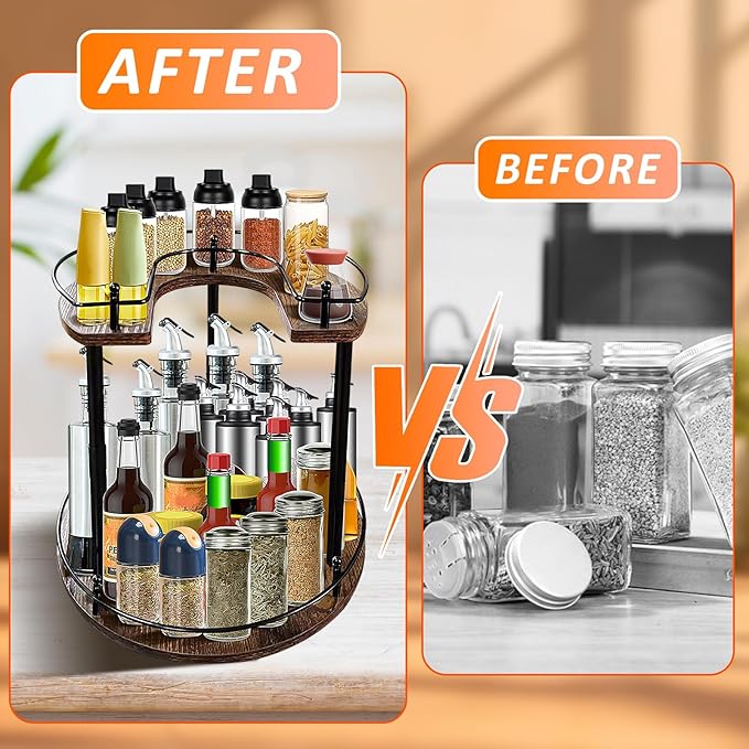 2-Tier Lazy Susan Organizer, Rotating Spice Rack with Stable Carousel Base & 4 Height Settings, Spice Rack Organizer for Cupboard Kitchen Countertop Dining Table-CasaMuseHome