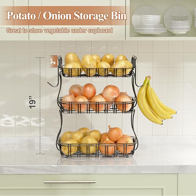 3 Tier Fruit Basket for Kitchen Counter, Fruit Bowl with 2 Banana Hooks Mesh Top, Multifunctional Detachable Sturdy Kitchen Storage Organizer for Vegetables Snacks Onion Potato, Black-CasaMuseHome