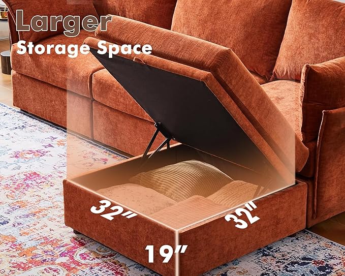 136.4" Oversized Modular Sectional Sleeper Sofa Bed, U Shaped Convertible Couch with Movable Ottoman, Large 8 Seat Corner Couches for Living Room Deep Seat Terracotta Orange Chenille-CasaMuseHome