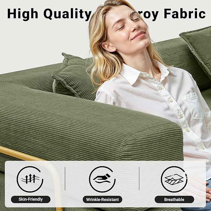 108" Oversized Convertible Sleeper Sofa Bed, Corduroy L Shape Sectional Couch, Folding Sofa Bed with Side Pocket, Modern Cloud Floor Mattress Couch, Modular Sofa for Living Room, Green-CasaMuseHome