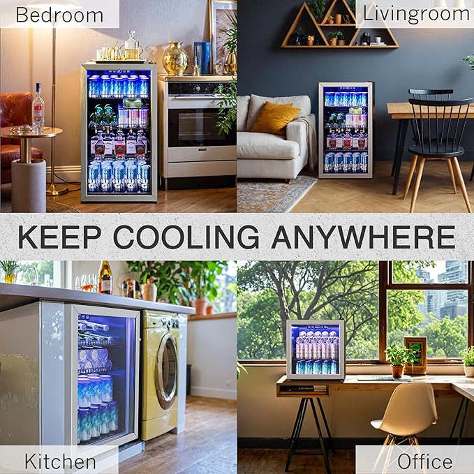 2.5 Cu.Ft Beverage Fridge, Mini Fridge With Glass Door, Beverage Cooler Refrigerator, Wine Drink Beer Cooler, Adjustable Shelves & Digital Temperature Display, 22 Bottle 95 Can-CasaMuseHome