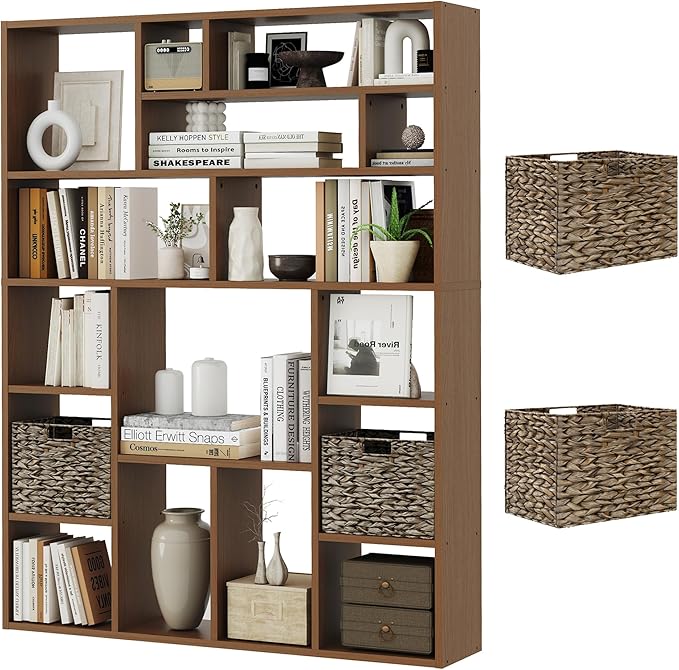 6-Tier Large Open Bookcase 71” Tall Sturdy Wooden Bookshelf with Baskets,Modern Style 16-Cube Home Display Shelf for Bedroom, Living Room（Oak Color）-CasaMuseHome