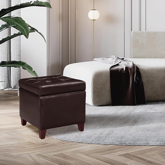 Adeco Bonded Leather Square Tufted Footstool, 18", Brown Storage Ottomans,-CasaMuseHome
