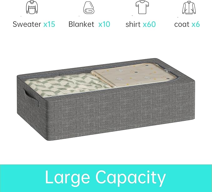 3PCS Under Bed Storage Bins with Metal Frame, Linen Fabric Frame Storage Box Clothes Organizer Bins, Underbed Container with Clear Window (Dark Grey, 15.7 x 13 x 6IN)-CasaMuseHome