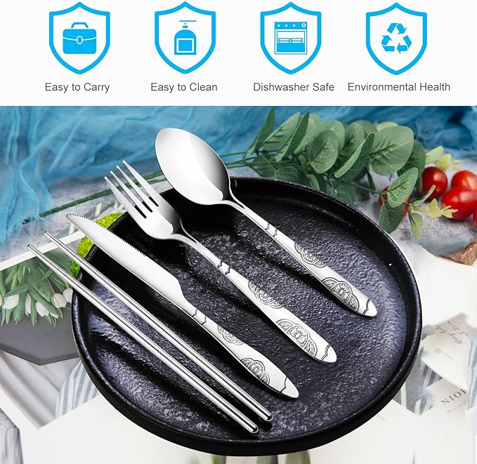 20PCS Premium Travel Utensils With Case, Stainless Steel Reusable Portable Utensils Set With Case, Lengnoyp Travel Silverware Set With Case for Lunch Box Camping, Silver-CasaMuseHome