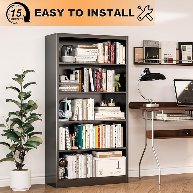 66" Tall Metal Bookcase, 5 Shelf Black Bookcase with Adjustable Shelves, Large Bookshelves and Bookcases, Modern Book Shelf Storage Organizer for Living Room, Home Office, Library (Black)-CasaMuseHome