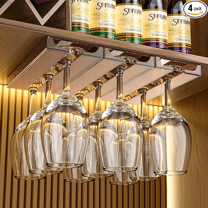 4 Pcs Wine Glass Holder Under Cabinet,Plastic Stemware Rack Punch-free Hanger Under Counter for Bar,Kitchen and Restaurant(Brown)-CasaMuseHome