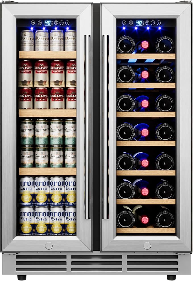 24" Wine and Beverage Refrigerator, Dual Zone Wine Cooler with Glass Door, Hold 88 Cans & 21 Bottles, Built in or Freestanding Under Counter Wine Fridge with Blue LED Light.-CasaMuseHome