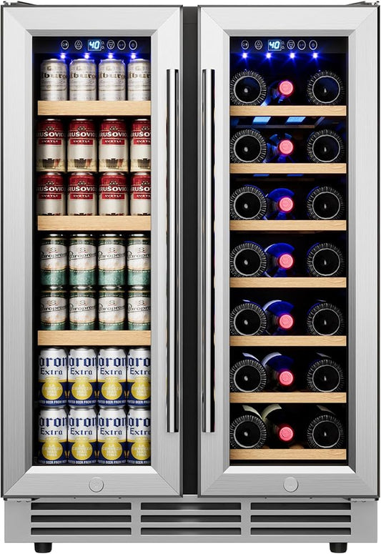 24" Wine and Beverage Refrigerator, Dual Zone Wine Cooler with Glass Door, Hold 88 Cans & 21 Bottles, Built in or Freestanding Under Counter Wine Fridge with Blue LED Light.-CasaMuseHome