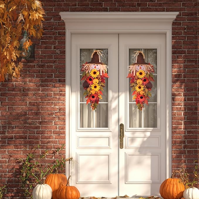 24" Rustic Fall Scarecrow Teardrop Swag – Farmhouse Sunflower & Pumpkin Wreath – Autumn Harvest Hanging Decor for Front Door, Wall, Porch, Indoor/Outdoor-CasaMuseHome
