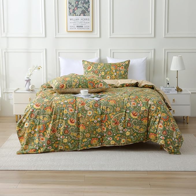 ABREEZE Paisley Bedding Sets 3Pcs Brushed Cotton Duvet Cover Set King Size Rustic Damask Green Floral Comforter Cover with Zipper Closure Boho Bedding Collections-CasaMuseHome